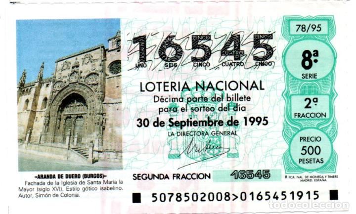 Loter&iacute;a Nacional: LOTER&Iacute;A NACIONAL - A&Ntilde;O 1995 - SORTEO 78 - IGLESIA DE STA. M&ordf; LA MAYOR EN ARANDA DE DUERO (BURGOS) -