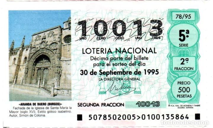 Loter&iacute;a Nacional: LOTER&Iacute;A NACIONAL - A&Ntilde;O 1995 - SORTEO 78 - IGLESIA DE STA. M&ordf; LA MAYOR EN ARANDA DE DUERO (BURGOS) -