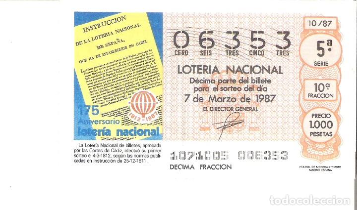 Nationale spanische Lotterie: 1 DECIMO LOTERIA DEL SABADO - 7 MARZO 1987 - 10/87 - 175 ANIVERSARIO DE LA LOTERIA NACIONAL