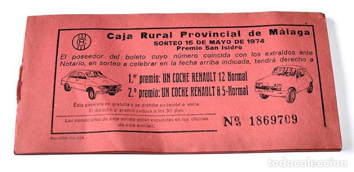 Loter&iacute;a nacional: Librillo con 39 papeletas boletos sorteo Renault. Caja Rural de M&aacute;laga 1974