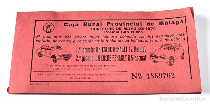 Loter&iacute;a nacional: Librillo con 33 papeletas boletos sorteo Renault. Caja Rural de M&aacute;laga 1974