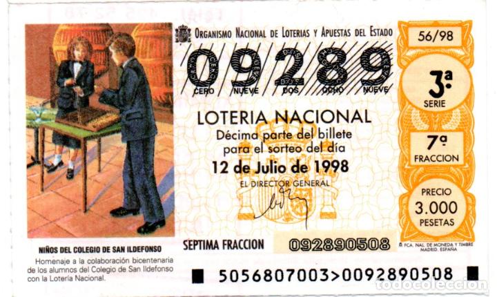 Loter&iacute;a nacional: LOTER&Iacute;A NACIONAL - A&Ntilde;O 1998 - SORTEO 56 - NI&Ntilde;OS DEL COLEGIO DE SAN ILDEFONSO -