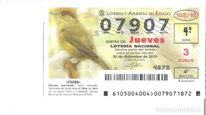 Loterie Nationale: 1 DECIMO LOTERIA DEL JUEVES - 30 DICIEMBRE 2010 - 105/10 - FAUNA - AVES - CURRUCA CAPIROTADA