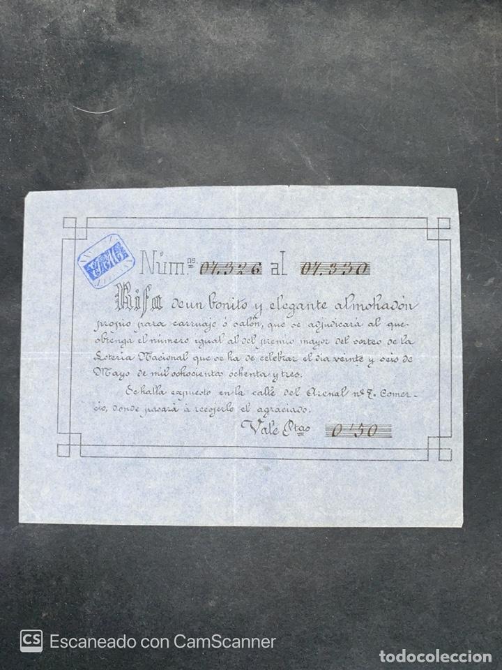 Loterie Nationale: RIFA. LOTERIA DE UN ELEGANTE ALMOHADON, PROPIO PARA CARRUAJE. 1883.