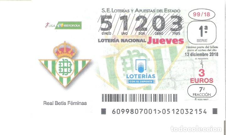 National Spanish Lottery: 1 DECIMO LOTERIA JUEVES 13 DICIEMBRE 2018 99/18 LIGA FUTBOL FEMENINO REAL BETIS FEMINAS - IBERDROLA