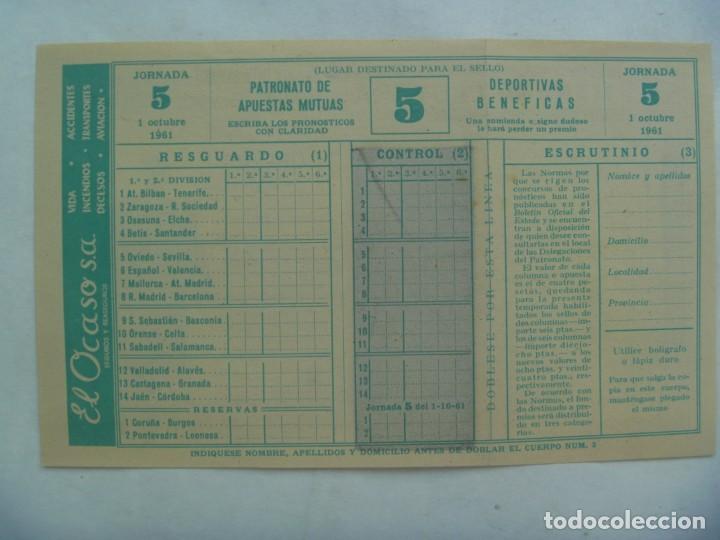 Loter&iacute;a Nacional: RESGUARDO DE LA QUINIELA DE LA 5&ordf; JORNADA , 1 OCTUBRE 1961. DETRAS PUBLICIDAD SASTRERIA DUGAM