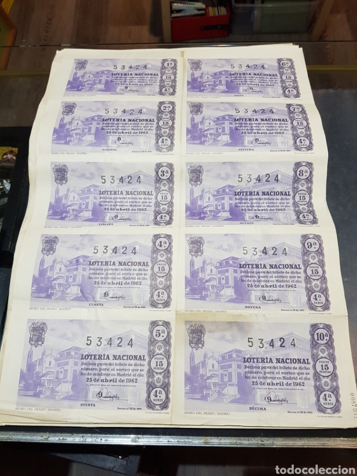 Loter&iacute;a Nacional: Pliego Loter&iacute;a Nacional sorteo 12 del a&ntilde;o 1962 Museo del Prado Madrid en morado