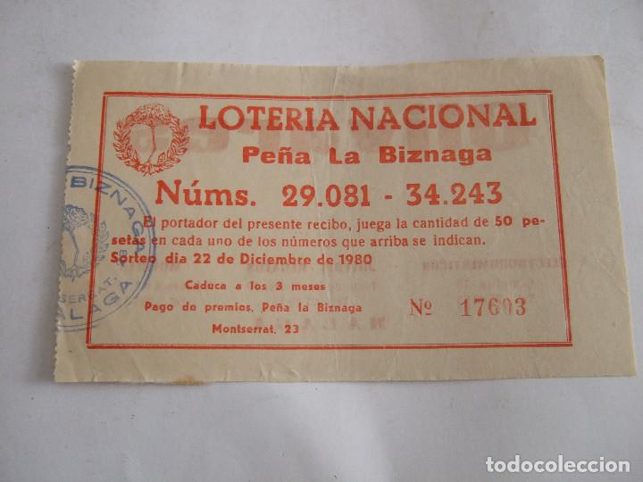 Loter&iacute;a nacional: PARTICIPACION LOTERIA NACIONAL - 1980 - PE&Ntilde;A LA BIZNAGA - MALAGA
