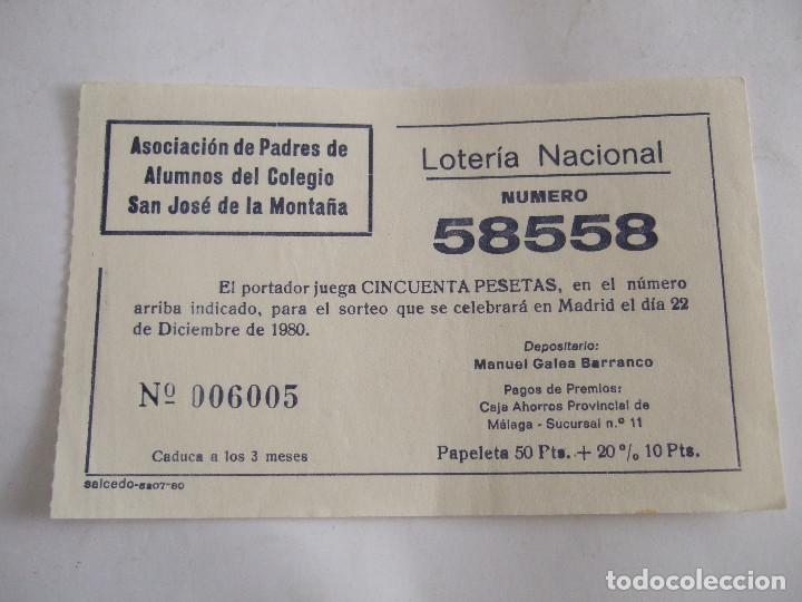 Loter&iacute;a nacional: PARTICIPACION LOTERIA NACIONAL - 1980 - ASOC. PADRES ALUMNOS COLEGIO SAN JOSE DE LA MONTA&Ntilde;A- MALAGA
