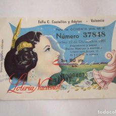 Lotería Nacional: PARTICIPACION LOTERIA NACIONAL - 1981 - FALLA C. CASTELLON Y ADYTES - VALENCIA. Lote 218951640