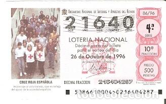 Loter&iacute;a Nacional: Loter&iacute;a Nacional. sorteo n&ordm; 86 de 1996. Cruz Roja Espa&ntilde;ola. 9-9686