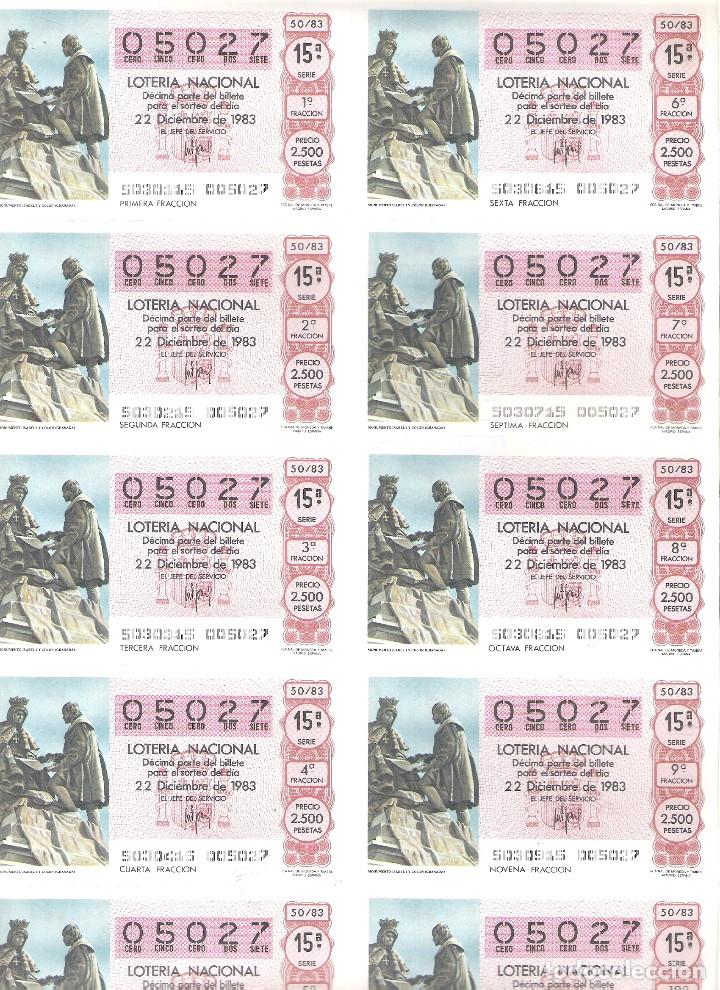 National Spanish Lottery: 1 BILLETE LOTERIA DEL SABADO - 22 DICIEMBRE 1983 - 50/83 - MONUMENTO DE ISABEL I Y COLON ( GRANADA )