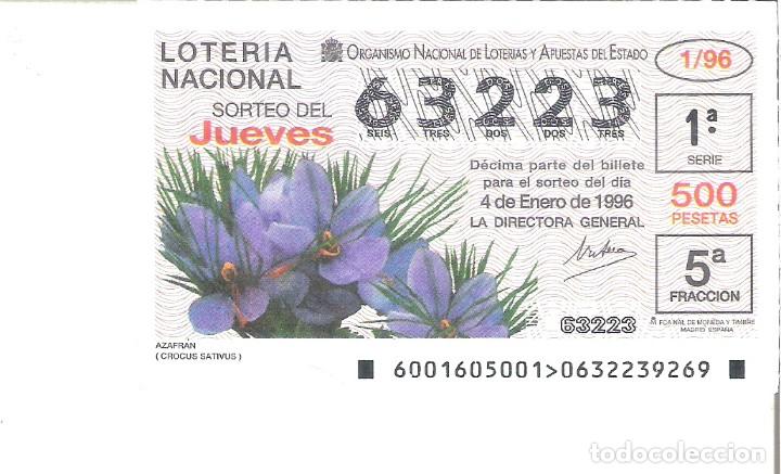 National Spanish Lottery: 1 DECIMO LOTERIA NACIONAL JUEVES - 4 ENERO 1996 - 1/96 - FLORA - AZAFRAN