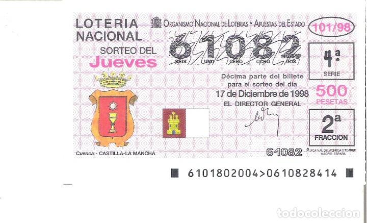 National Spanish Lottery: 1 DECIMO LOTERIA JUEVES - 17 DICIEMBRE 1998 - 101/98 - ESCUDOS CIUDADES - CUENCA (CASTILLA LA MANCHA