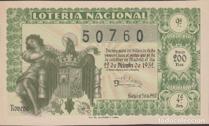 National Spanish Lottery: LOTERIA NACIONAL - SORTEO - 36-1952 - SERIE 4&ordf; FRACCI&Oacute;N 9&ordf; - ADM.- 48 - BARCELONA
