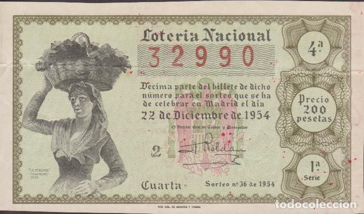 National Spanish Lottery: LOTERIA NACIONAL - SORTEO - 36-1954 - SERIE 1&ordf; FRACCI&Oacute;N 4&ordf; - - ADM.- 28 - BARCELONA