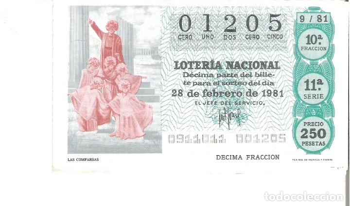 Lotteria Nationale Spagnola: 1 DECIMO LOTERIA SABADO - 28 FEBRERO 1981 - 9/81 - LAS COMPARSAS ( CARNAVALES ) COLOR VERDE