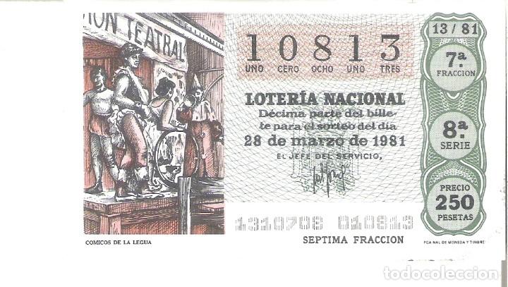 Lotteria Nationale Spagnola: 1 DECIMO LOTERIA DEL SABADO - 28 MARZO 1981 - 13/81 - COMICOS DE LA LEGUA ( COLOR VERDE ACEITUNA