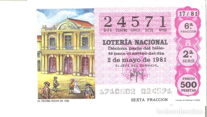 Lotteria Nationale Spagnola: 1 DECIMO LOTERIA SABADO - 2 MAYO 1981 - 17/81 - EL TEATRO NUEVO MADRID 1750 ( COLOR FUCSIA