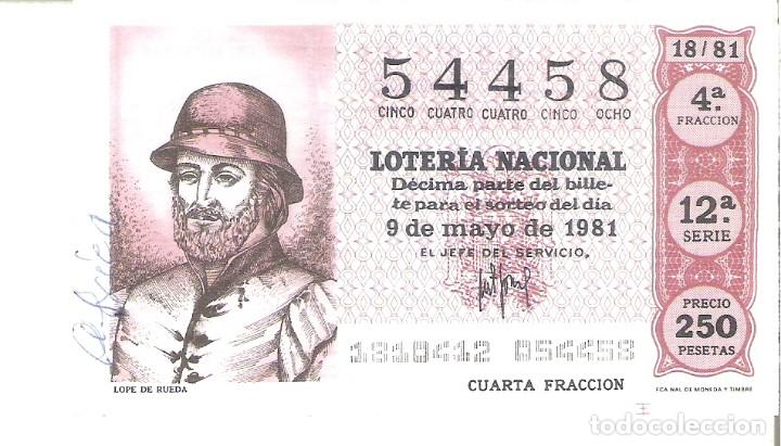 Lotteria Nationale Spagnola: 1 DECIMO LOTERIA DEL SABADO - 9 MAYO 1981 - 18/81 - LOPE DE RUEDA ( COLOR MARRON