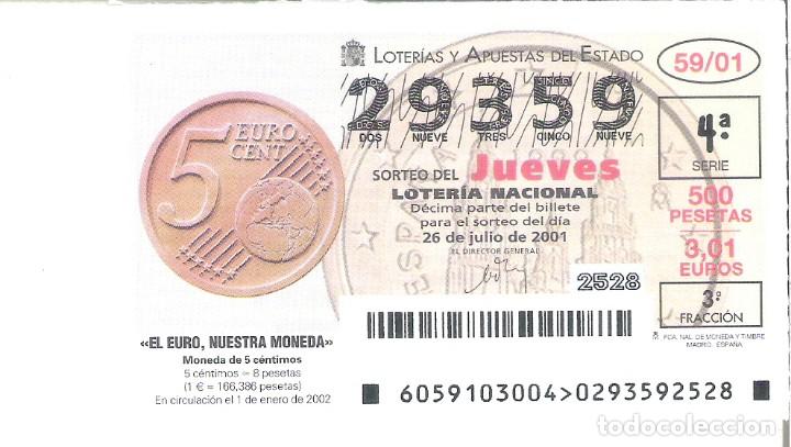National Spanish Lottery: 1 DECIMO LOTERIA DEL JUEVES - 26 JULIO 2001 - 59/01 - EL EURO NUESTRA MONEDA - 0,05 CENTIMOS