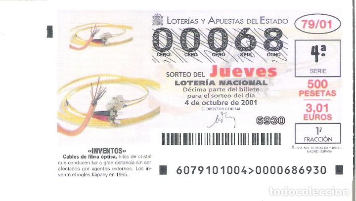 Lotteria Nationale Spagnola: 1 DECIMO LOTERIA DEL JUEVES - 29 SEPTIEMBRE 2001 79/01 - INVENTOS - CABLES DE FIBRA OPTICA