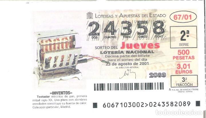 Lotteria Nationale Spagnola: 1 DECIMO LOTERIA DEL JUEVES - 23 AGOSTO 2001 - 67/01 - INVENTOS - TOSTADOR