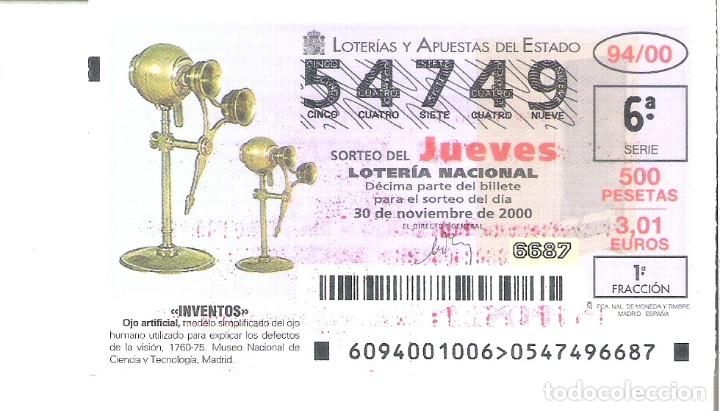 Lotaria Nacional: 1 DECIMO LOTERIA DEL JUEVES - 30 NOVIEMBRE 2000 - 94/00 - INVENTOS - OJO ARTIFICIAL