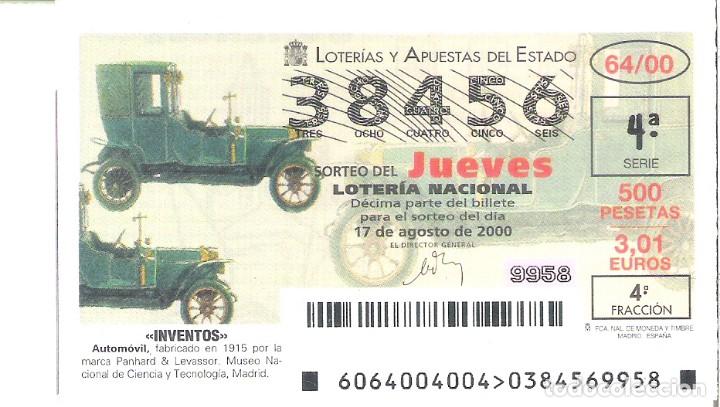 National Spanish Lottery: 1 DECIMO LOTERIA JUEVES - 17 AGOSTO 2000 - 64/00 - INVENTOS VEHICULOS HISTORICOS - AUTOMOVIL PANHARD