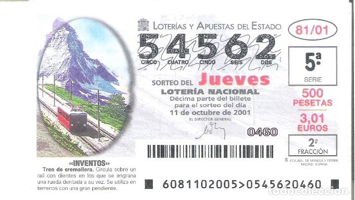 National Spanish Lottery: 1 DECIMO LOTERIA DEL JUEVES - 11 OCTUBRE 2001 81/01 - INVENTOS - TREN DE CREMALLERA