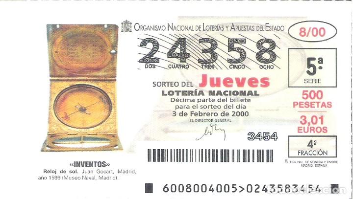 Nationale spanische Lotterie: 1 DECIMO LOTERIA DEL JUEVES - 3 FEBRERO 2000 - 8/00 - INVENTOS - RELOJ DE SOL - MUSEO NAVAL MADRID