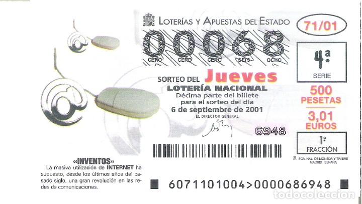 National Spanish Lottery: 1 DECIMO LOTERIA DEL JUEVES - 6 SEPTIEMBRE 2001 - 71/01 - INVENTOS ( INTERNET )