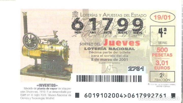 National Spanish Lottery: 1 DECIMO LOTERIA DEL JUEVES - 8 MARZO 2001 - 19/01 - INVENTOS - MODELO DE PLANCHA DE VAPOR