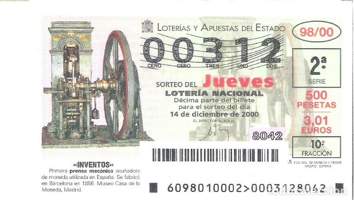 Nationale spanische Lotterie: 1 DECIMO LOTERIA DEL JUEVES - 14 DICIEMBRE 2000 - 98/00 - INVENTOS - PRENSA MECANICA