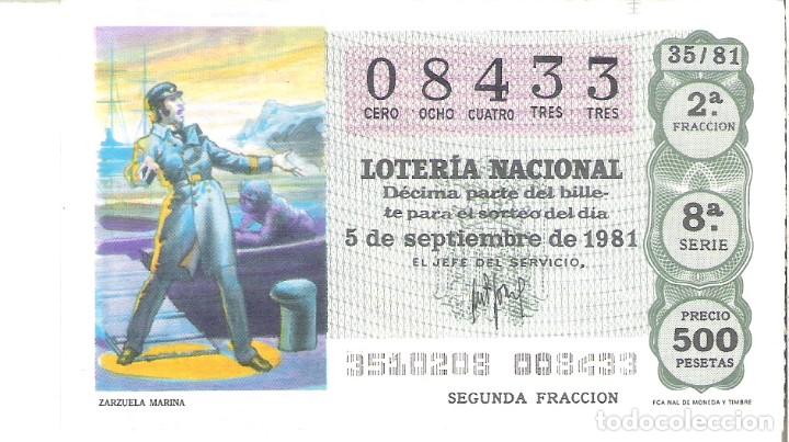 National Spanish Lottery: 1 DECIMO LOTERIA DEL SABADO - 5 SEPTIEMBRE 1981 - 35/81 - ZARZUELA MARINA ( COLOR VERDE