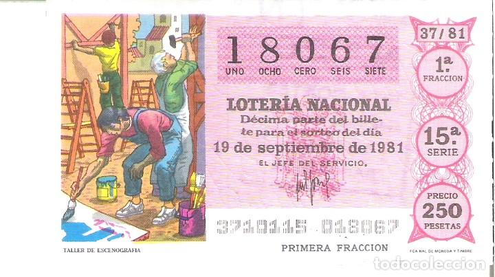 National Spanish Lottery: 1 DECIMO LOTERIA SABADO - 19 SEPTIEMBRE 1981 - 37/81 - TALLER DE ESCENOGRAFIA TEATRO ( COLOR ROJO