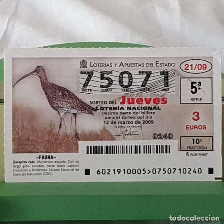 Loterie Nationale: LOTER&Iacute;A NACIONAL, JUEVES, SORTEO 21/09, 12 MARZO 2009, FAUNA, ZARAPITO REAL, N&ordm; 75071, LEER