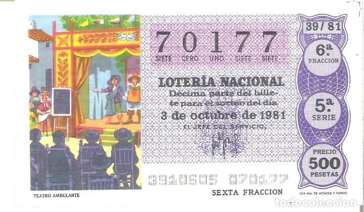 National Spanish Lottery: 1 DECIMO LOTERIA SABADO - 3 OCTUBRE 1981 - 39/81 - TEATRO AMBULANTE ( COLOR MORAADO