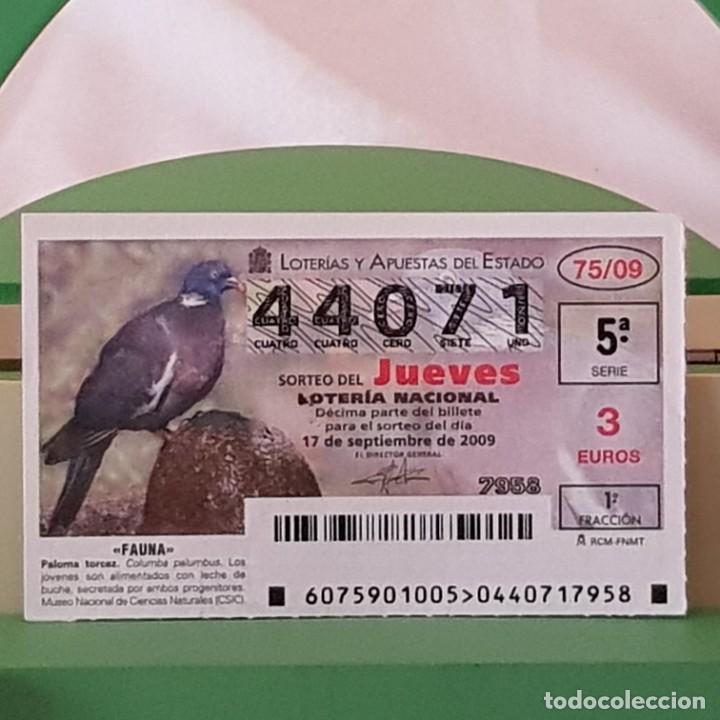 Loter&iacute;a Nacional: LOTER&Iacute;A NACIONAL, JUEVES, SORTEO 75/09, 17 SEPTIEMBRE 2009, FAUNA, PALOMA TORCAZ, N&ordm; 44071
