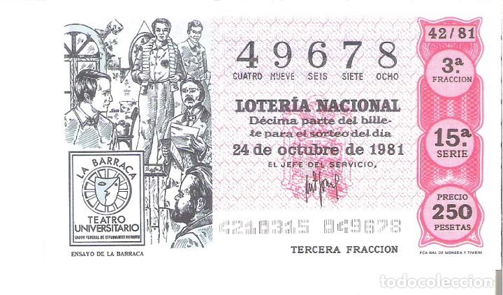 National Spanish Lottery: 1 DECIMO LOTERIA SABADO 24 OCTUBRE 1981 42/81 TEATRO UNIVERSITARIO ENSAYO LA BARRACA ( COLOR ROJO