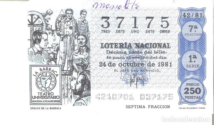 National Spanish Lottery: 1 DECIMO LOTERIA SABADO 24 OCTUBRE 1981 42/81 TEATRO UNIVERSITARIO ENSAYO LA BARRACA ( COLOR AZUL