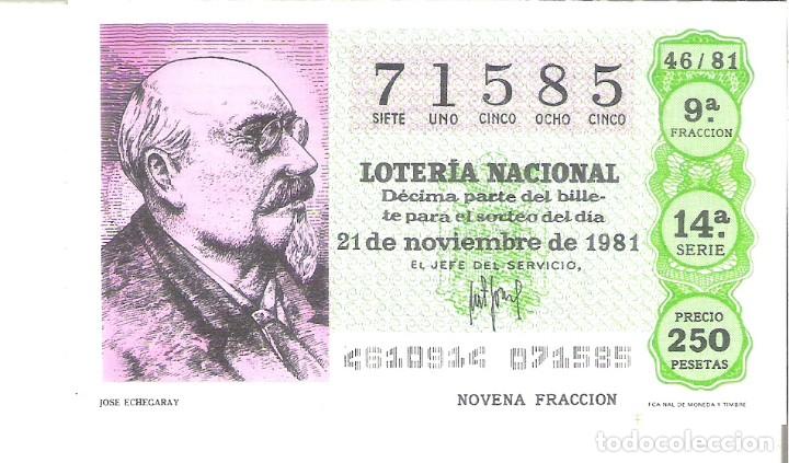 National Spanish Lottery: 1 DECIMO LOTERIA SABADO - 21 NOVIEMBRE 1981 - 46/81 - TEATRO - JOSE ECHEGARAY ( COLOR VERDE CLARO