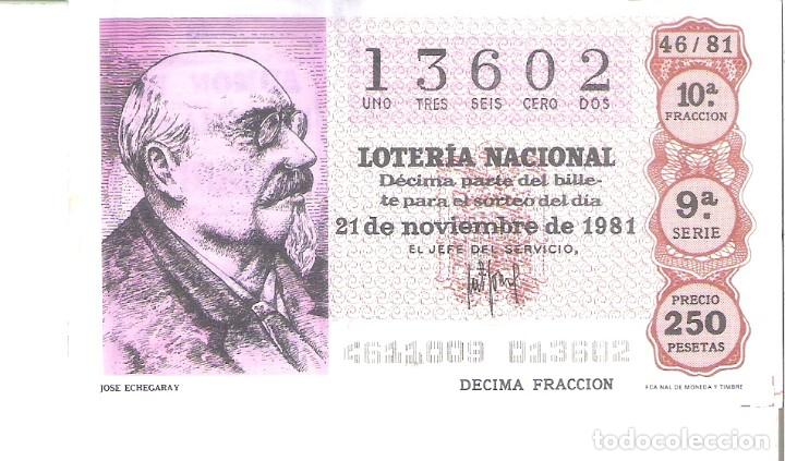 National Spanish Lottery: 1 DECIMO LOTERIA SABADO - 21 NOVIEMBRE 1981 - 46/81 - TEATRO - JOSE ECHEGARAY ( COLOR MARRON CLARO