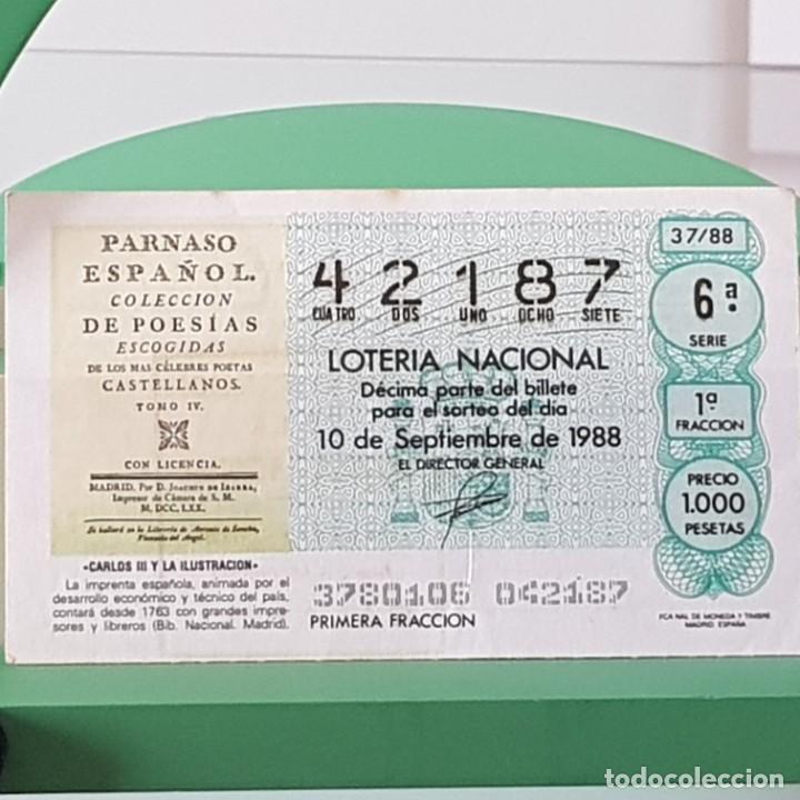 Loterie Nationale: LOTER&Iacute;A NACIONAL, SORTEO 37/88, 10 SEPTIEMBRE 1988, CARLOS III ILUSTRACI&Oacute;N,PARNASO ESPA&Ntilde;OL, N&ordm; 42187
