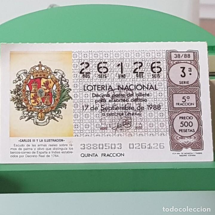 Lotteria Nationale Spagnola: LOTER&Iacute;A NACIONAL, SORTEO 38/88, 17 SEPTIEMBRE 1988, CARLOS III ILUSTRACI&Oacute;N, ESCUDO ARMAS, N&ordm; 26126