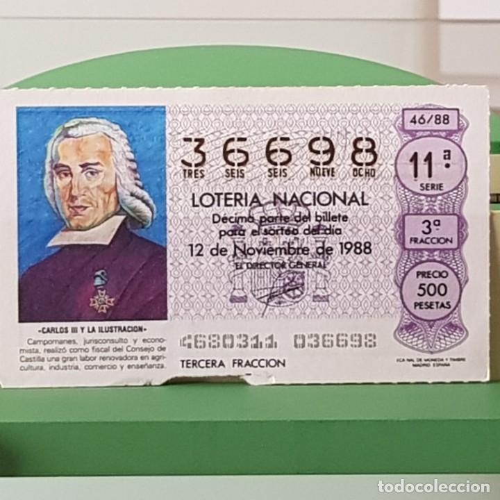 Lotteria Nationale Spagnola: LOTER&Iacute;A NACIONAL, SORTEO 46/88, 12 NOVIEMBRE 1988, CARLOS III ILUSTRACI&Oacute;N, CAMPOMANES, N&ordm; 36698