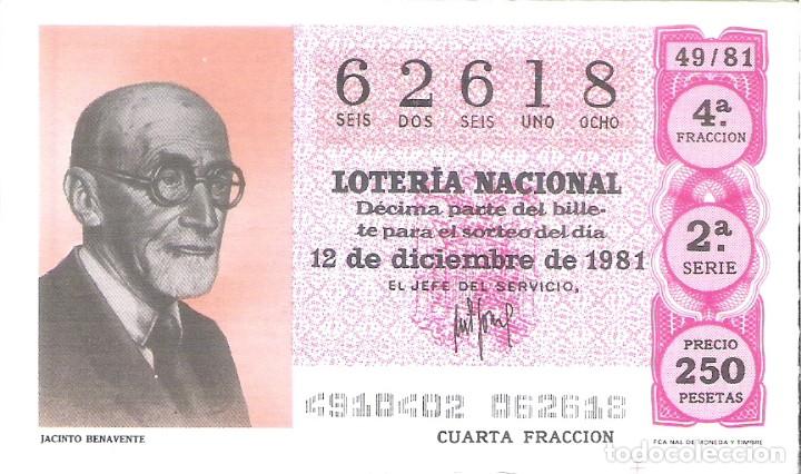 Loter&iacute;a Nacional: 1 DECIMO LOTERIA DEL SABADO - 12 DICIEMBRE 1981 - 49/81 - JACINTO BENAVENTE ( COLOR FUCSIA