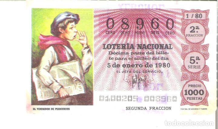 National Spanish Lottery: 1 DECIMO LOTERIA SABADO - 5 ENERO 1980 - 1/80 - EL NI&Ntilde;O - EL VENDEDOR DE PERIODICOS ( COLOR BURDEOS