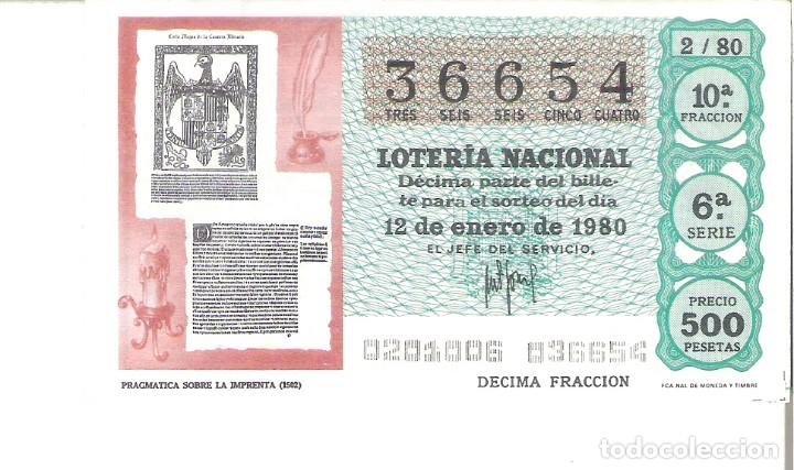 National Spanish Lottery: 1 DECIMO LOTERIA SABADO - 12 ENERO 1980 - 2/80 PRAGMATICA SOBRE LA IMPRENTA 1502 ( COLOR VERDE AGUA