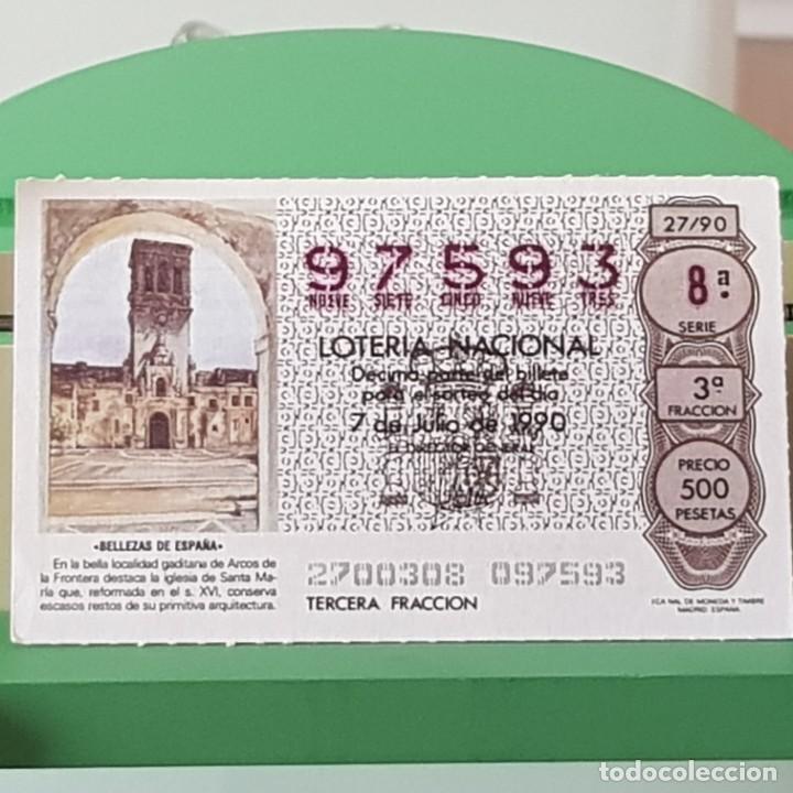 Loter&iacute;a Nacional: LOTER&Iacute;A NACIONAL, SORTEO 27/90, 7 JULIO 1990, IGLESIA SANTA MAR&Iacute;A, ARCOS DE LA FRONTERA, N&ordm; 97593
